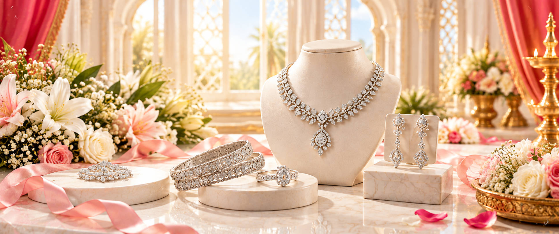 Illustrative diamond and platinum bridal jewellery