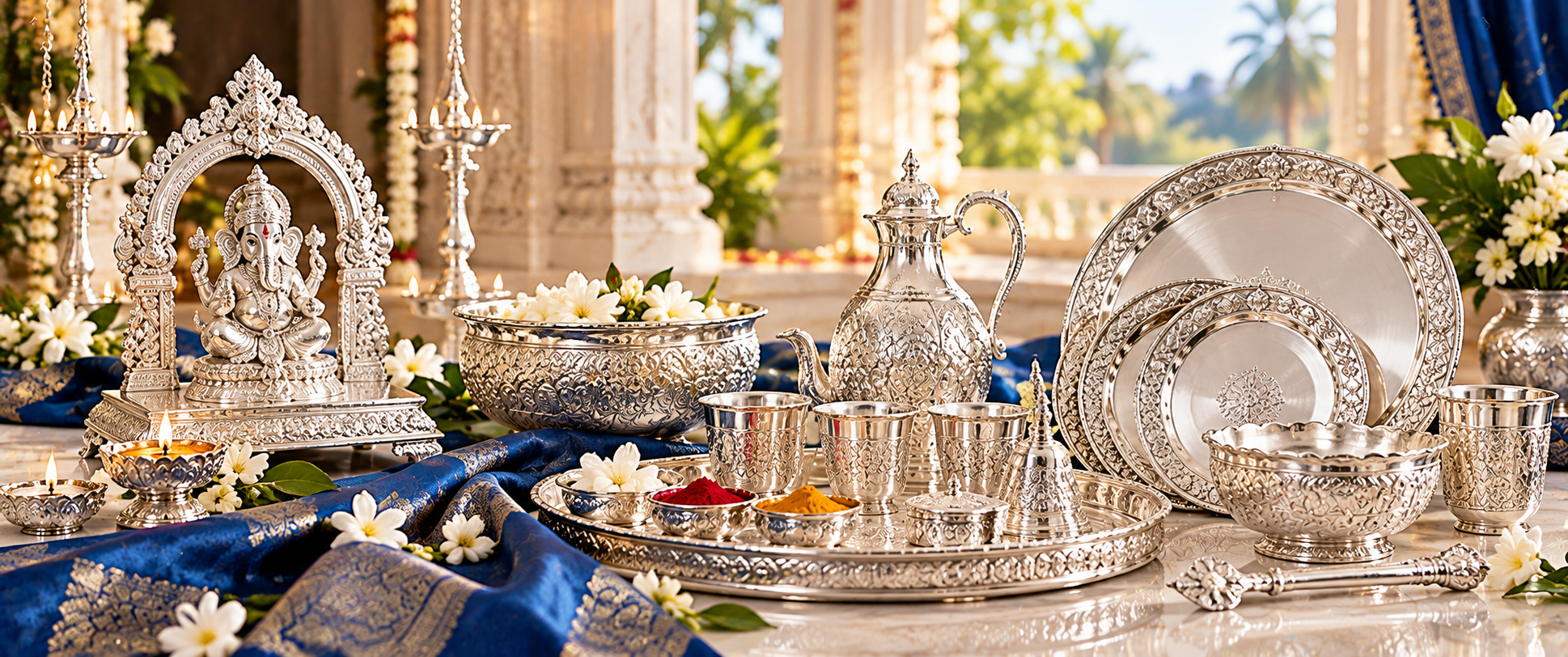 Illustrative silver pooja articles and silver gifts