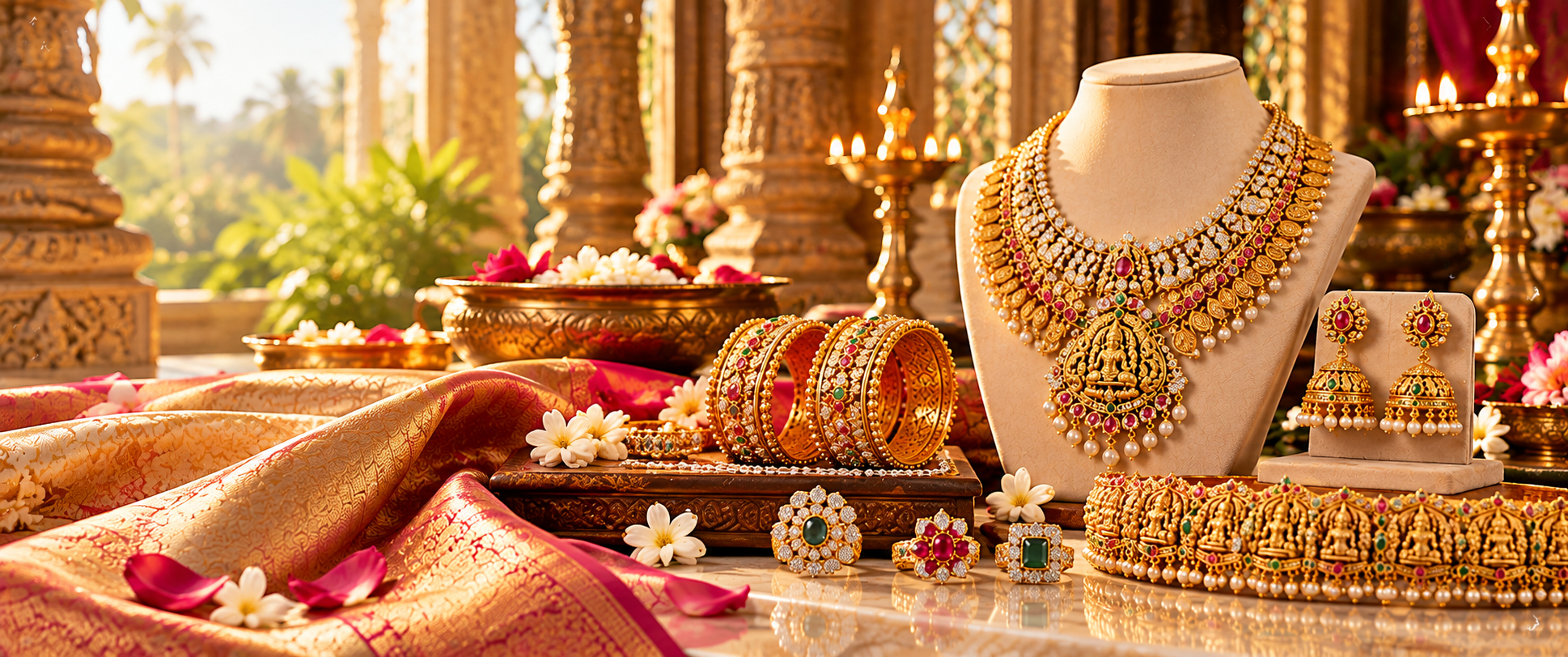 Illustrative bridal gold necklace, bangles, and rings